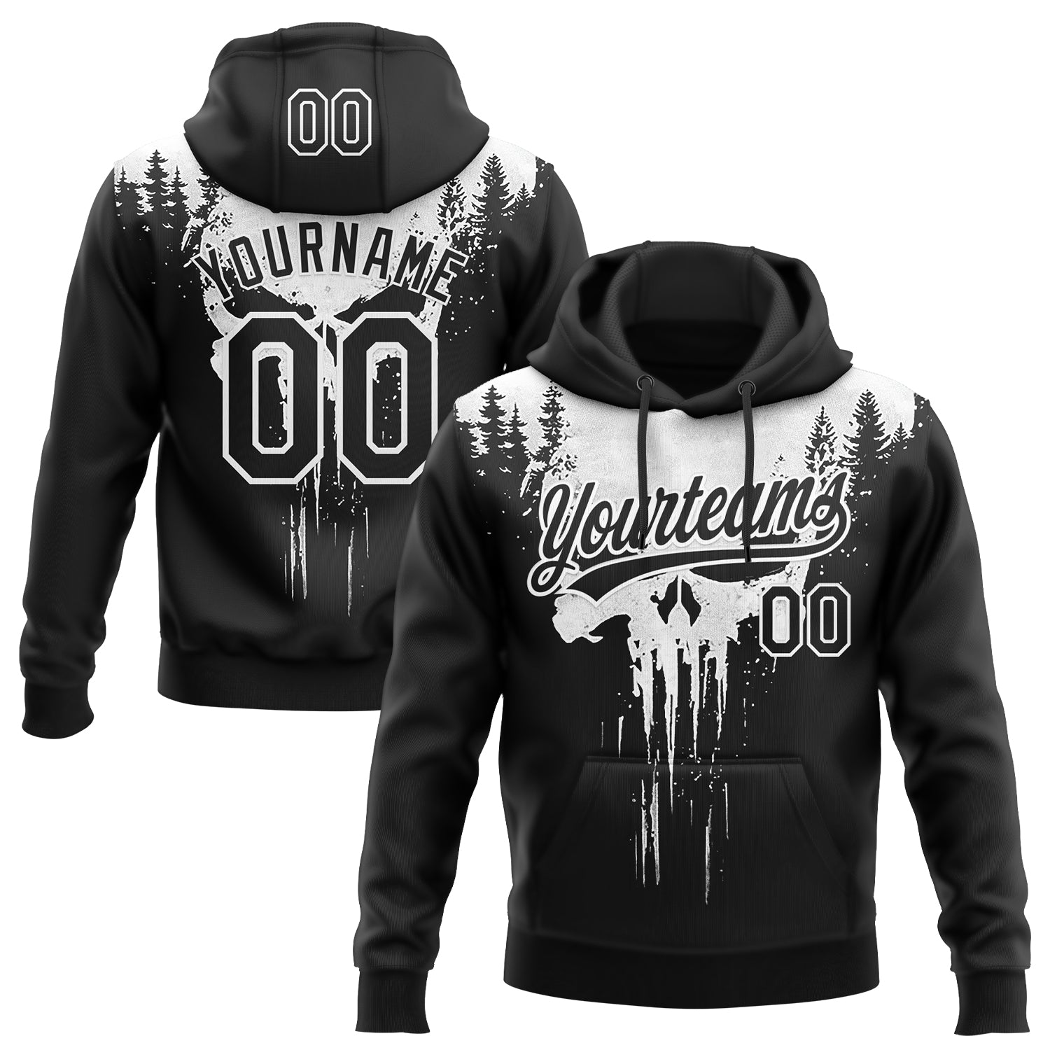 Custom Stitched Black White 3D Skull Pattern Pullover Sweatshirt Hoodie