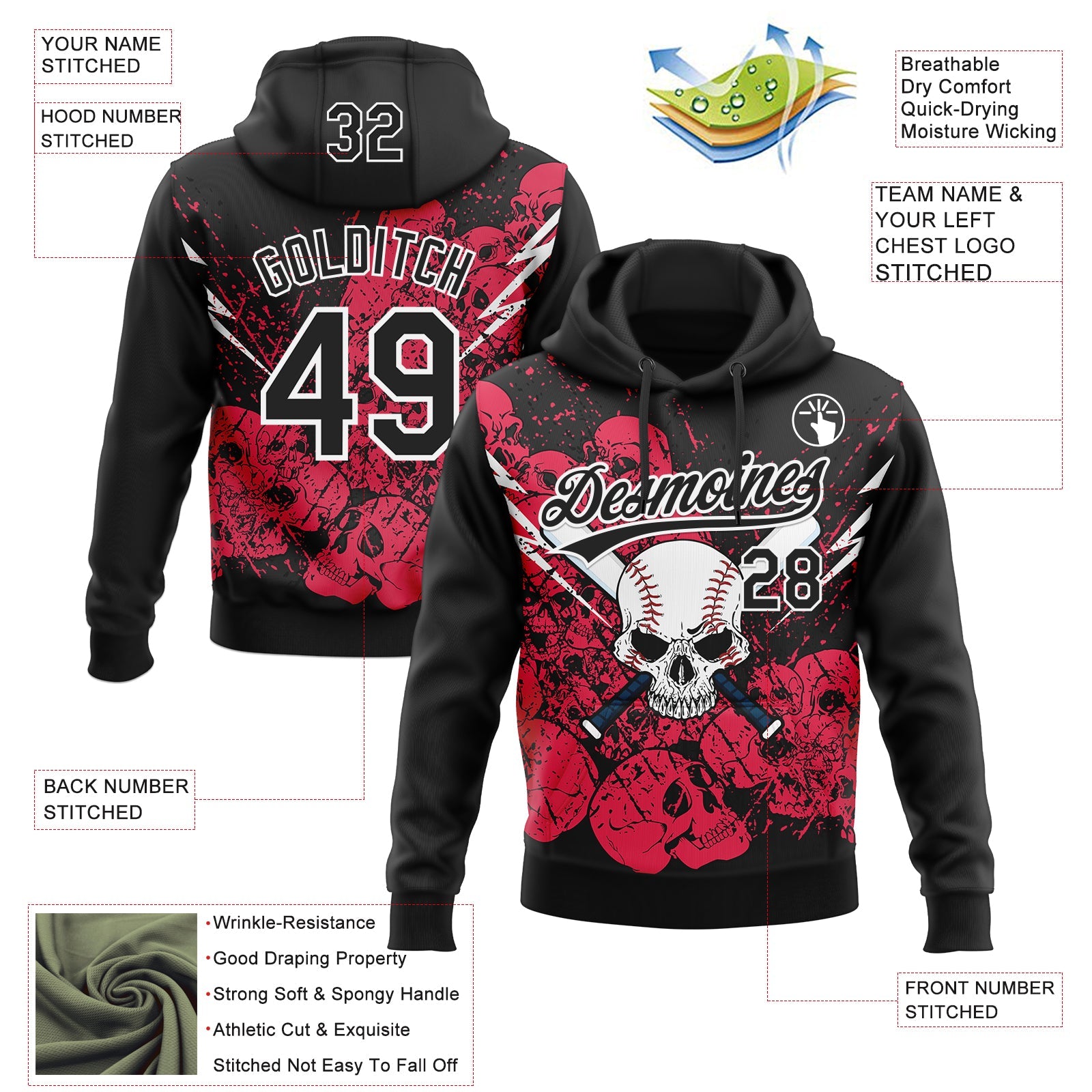 Custom Stitched Black Neon Pink-White 3D Skull Pattern Pullover Sweatshirt Hoodie