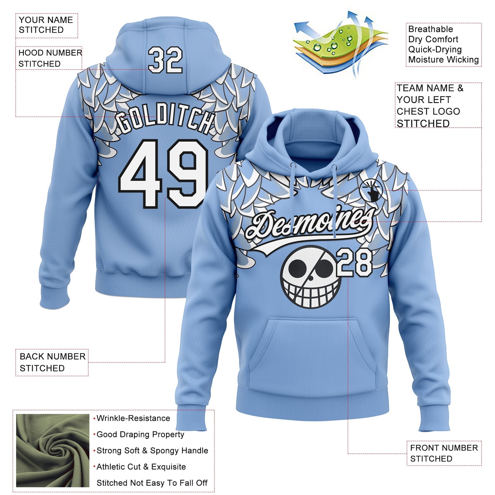 Custom Stitched Light Blue White-Black 3D Skull Pattern Pullover Sweatshirt Hoodie