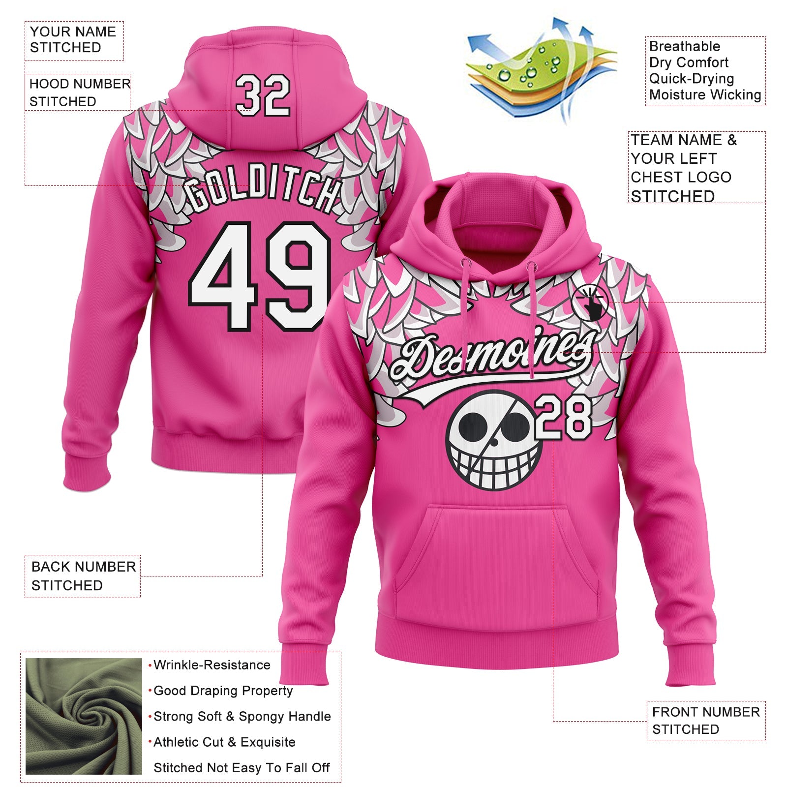 Custom Stitched Pink White-Black 3D Skull Pattern Pullover Sweatshirt Hoodie