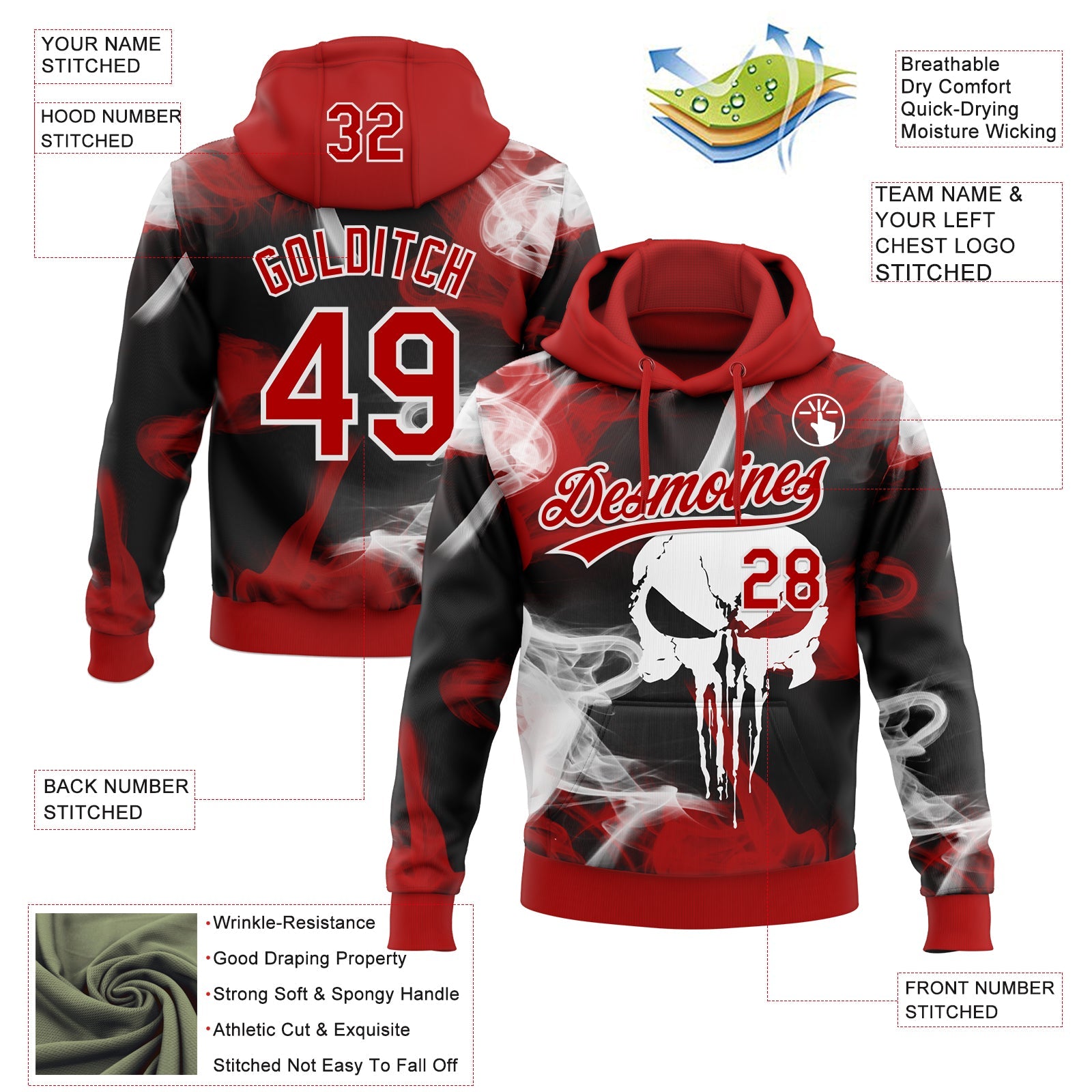 Custom Stitched Red Black-White 3D Skull Pattern Pullover Sweatshirt Hoodie