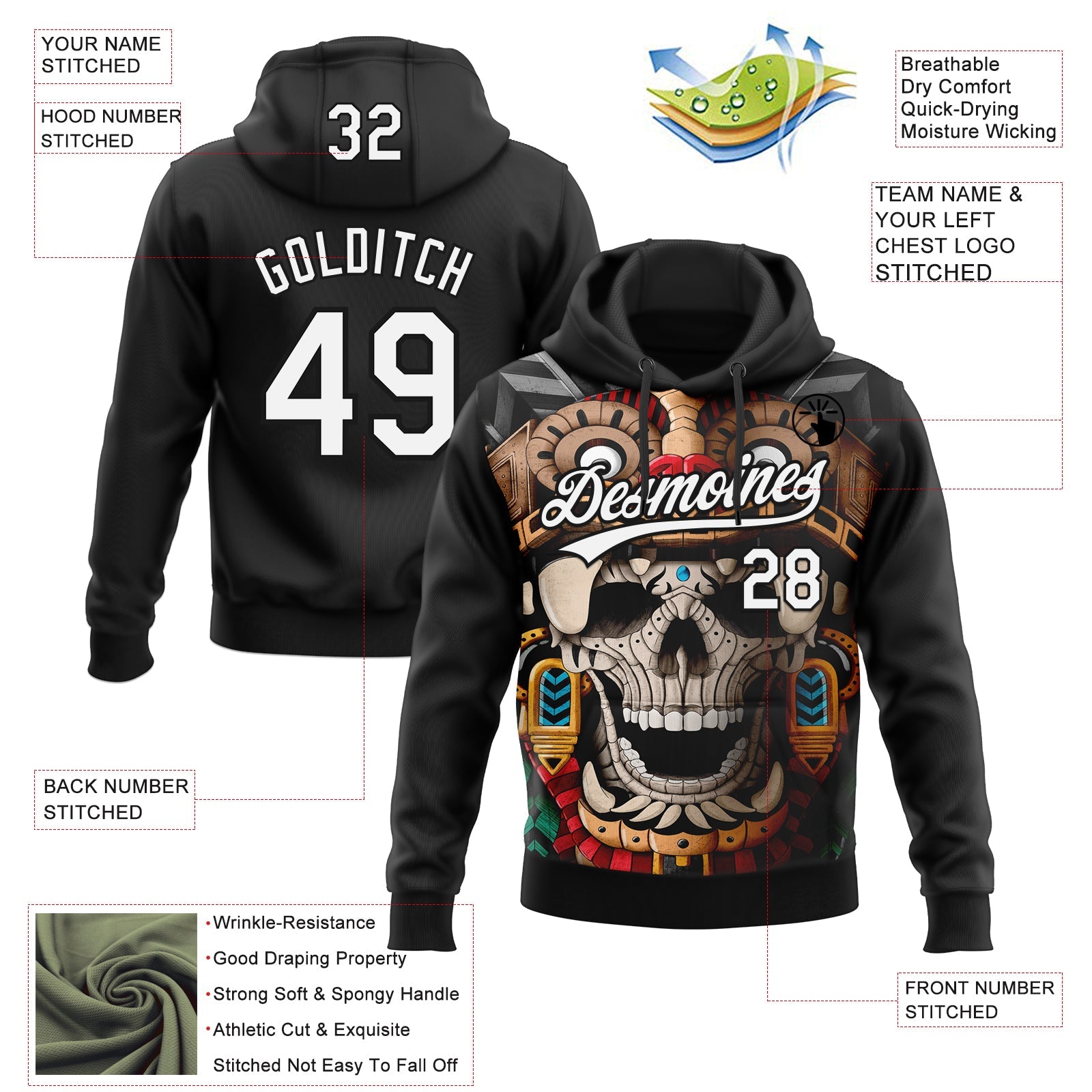 Custom Stitched Black White 3D Skull Pattern Pullover Sweatshirt Hoodie