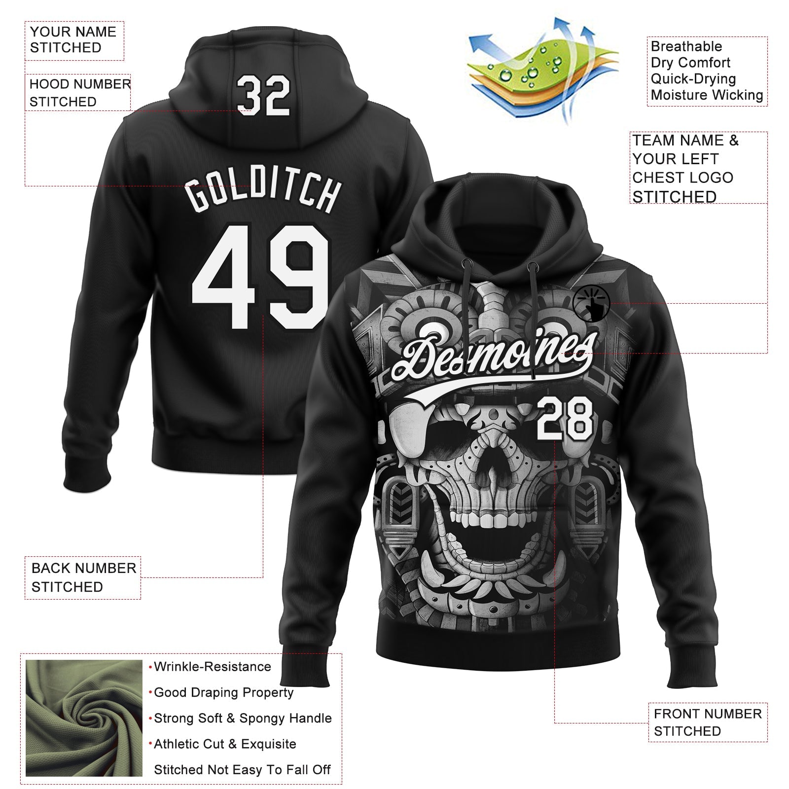 Custom Stitched Black White 3D Skull Pattern Pullover Sweatshirt Hoodie