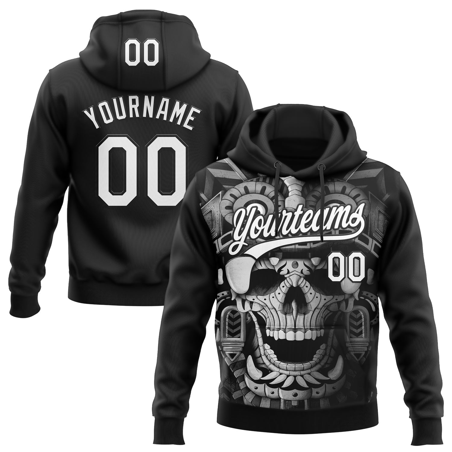 Custom Stitched Black White 3D Skull Pattern Pullover Sweatshirt Hoodie