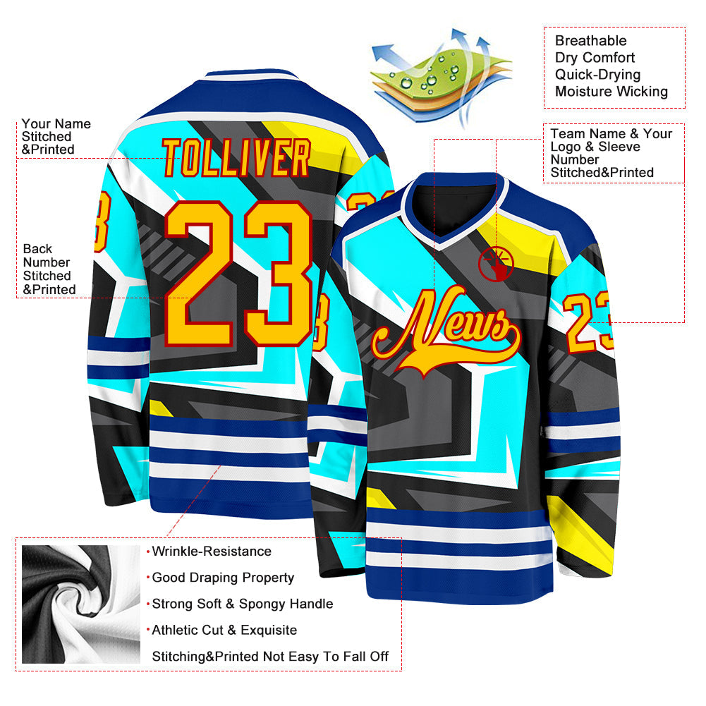 Custom Black Yellow Blue Royal Red-White 3D Pattern Cyber Mecha E-sport Hockey Jersey