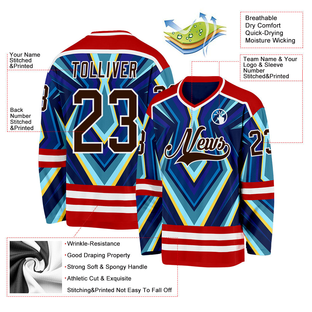 Custom Red Brown Blue Yellow-White 3D Pattern Cyber Mecha E-sport Hockey Jersey