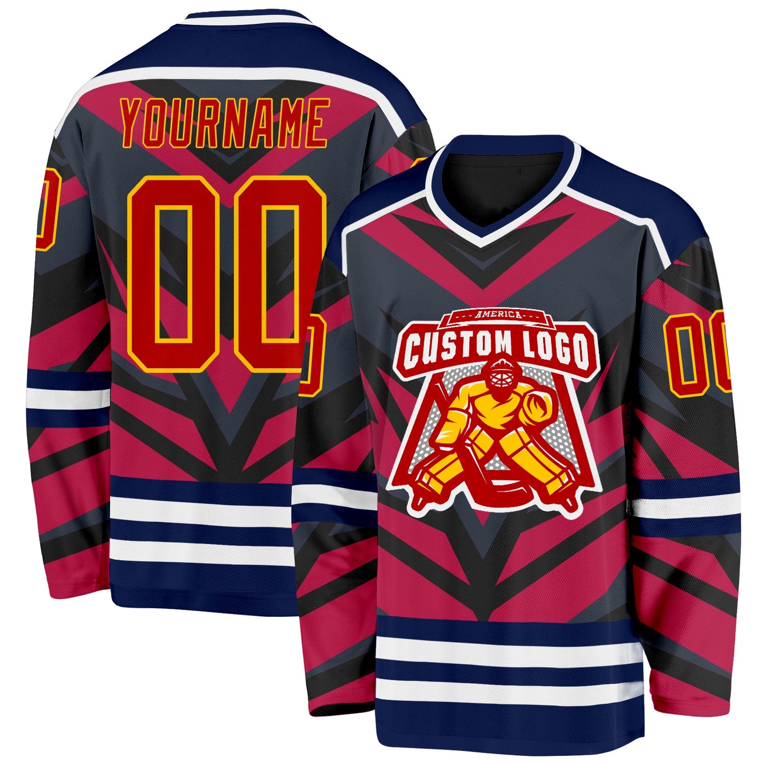 Custom Navy Red Black Yellow-White 3D Pattern Cyber Mecha E-sport Hockey Jersey