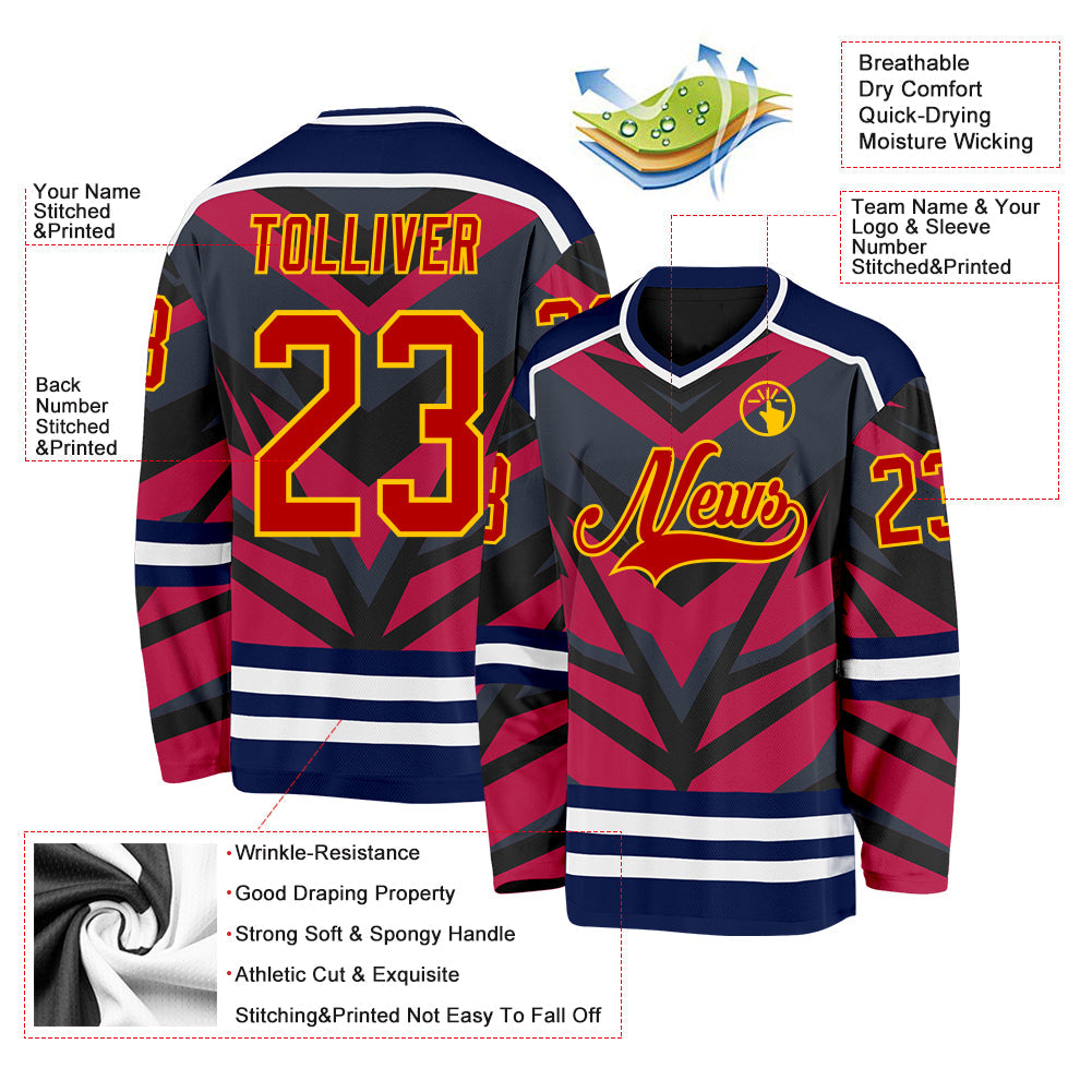 Custom Navy Red Black Yellow-White 3D Pattern Cyber Mecha E-sport Hockey Jersey