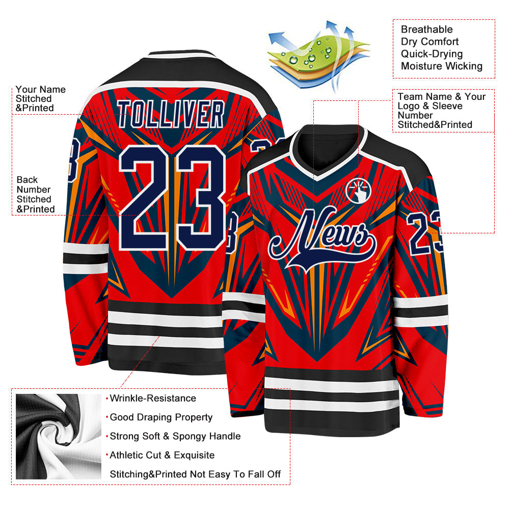 Custom Black Navy Red Orange-White 3D Pattern Cyber Mecha E-sport Hockey Jersey