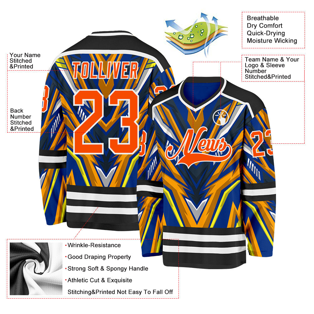 Custom Royal Orange Yellow Black-White 3D Pattern Cyber Mecha E-sport Hockey Jersey