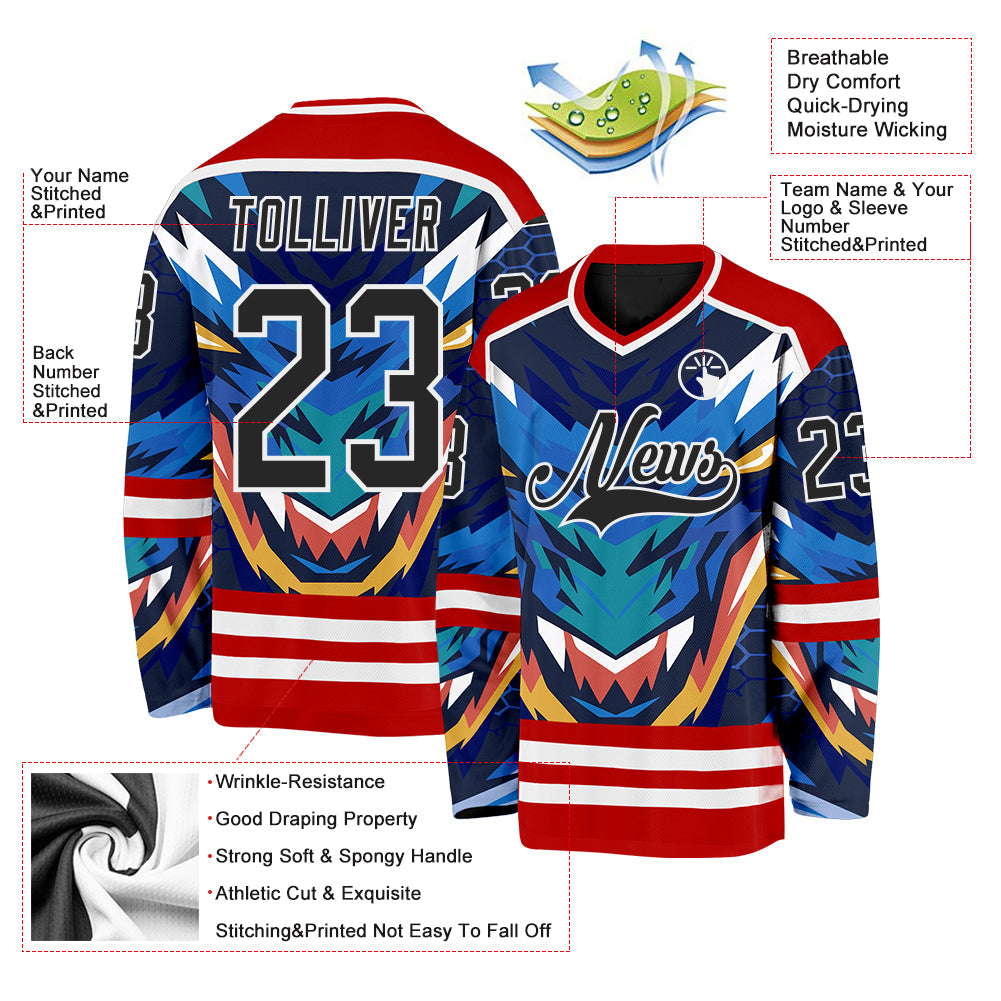 Custom Red Black Blue Yellow-White 3D Pattern Cyber Mecha E-sport Hockey Jersey