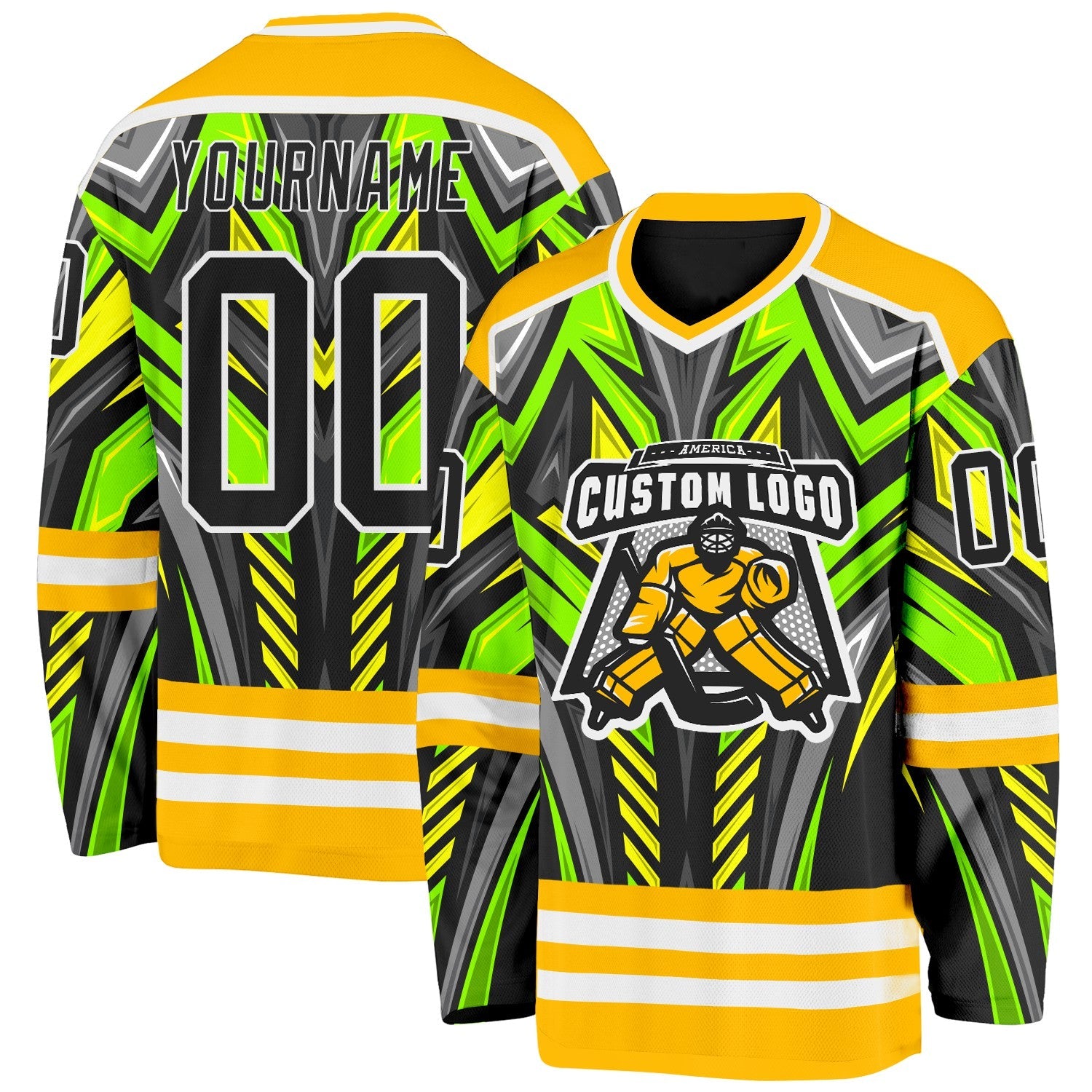 Custom Gold Black Green Gray-White 3D Pattern Cyber Mecha E-sport Hockey Jersey