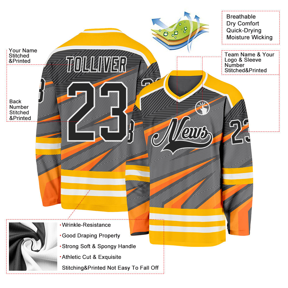 Custom Gray Black Gold Orange-White 3D Pattern Cyber Mecha E-sport Hockey Jersey