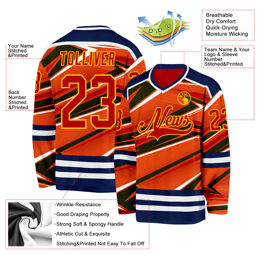 Custom Red Navy Yellow-White 3D Pattern Cyber Mecha E-sport Hockey Jersey