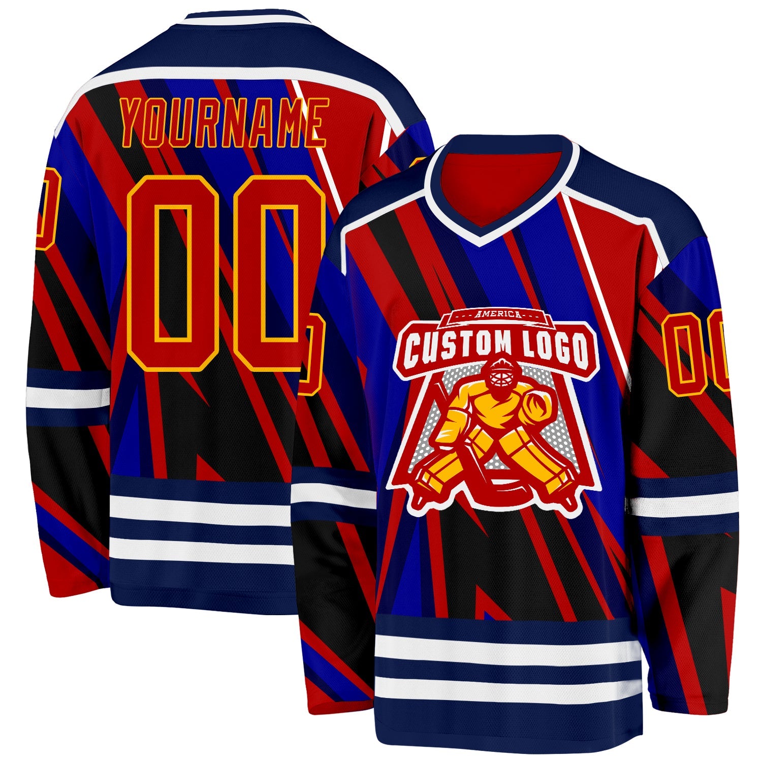 Custom Blue Red Navy Yellow-White 3D Pattern Cyber Mecha E-sport Hockey Jersey