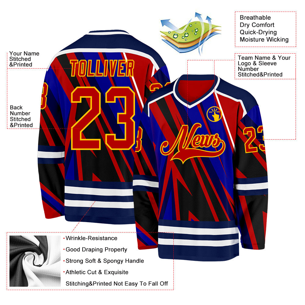 Custom Blue Red Navy Yellow-White 3D Pattern Cyber Mecha E-sport Hockey Jersey