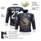 Custom Navy White 3D Pattern Native Americans Tribal Indigenous People Hockey Lace Neck Jersey