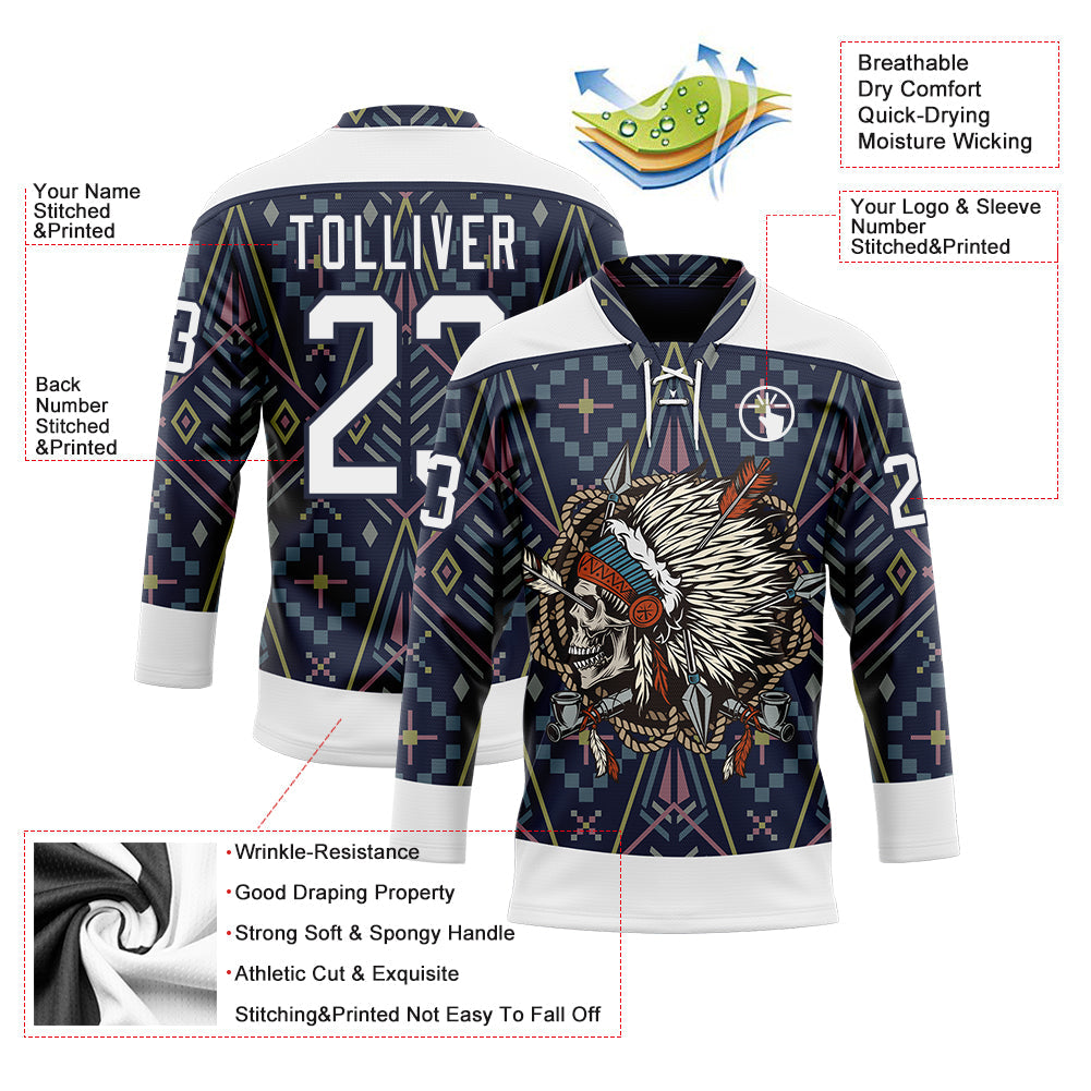 Custom Navy White 3D Pattern Native Americans Tribal Indigenous People Hockey Lace Neck Jersey