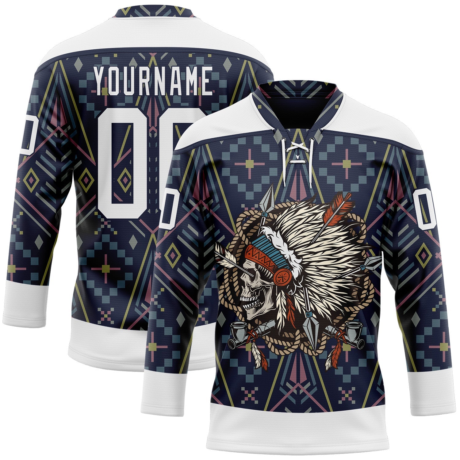 Custom Navy White 3D Pattern Native Americans Tribal Indigenous People Hockey Lace Neck Jersey