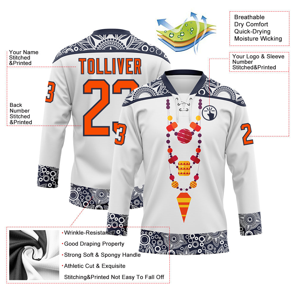 Custom White Orange-Navy 3D Pattern Native Americans Tribal Indigenous People Hockey Lace Neck Jersey