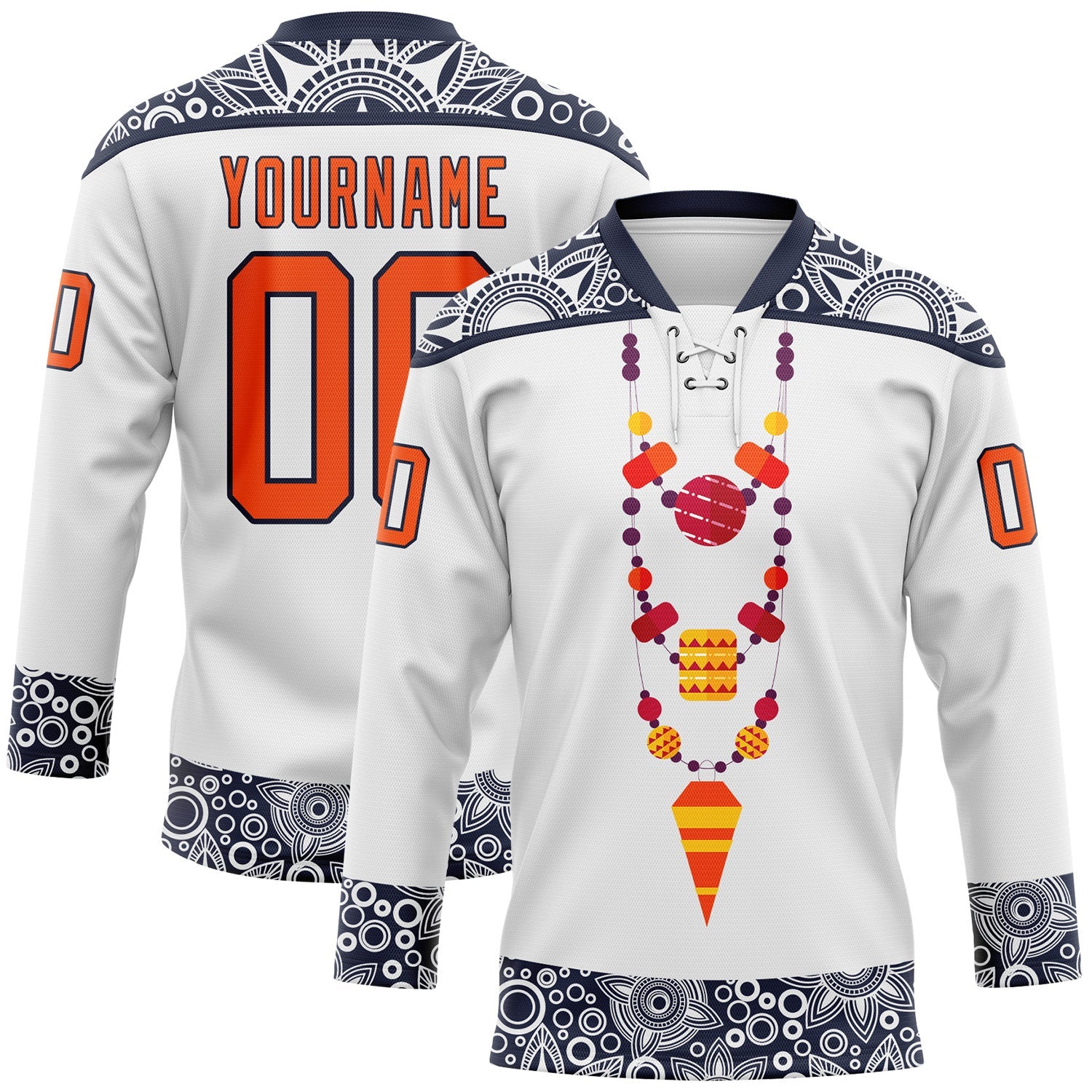 Custom White Orange-Navy 3D Pattern Native Americans Tribal Indigenous People Hockey Lace Neck Jersey