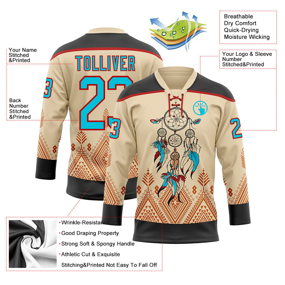 Custom City Cream Lakes Blue Black-Red 3D Pattern Native Americans Tribal Indigenous People Hockey Lace Neck Jersey