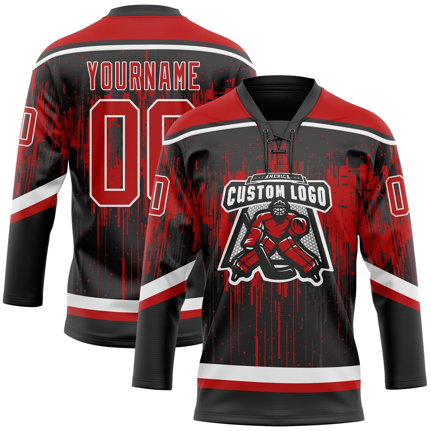 Custom Black Red Steel Gray-White 3D Pattern Dripping Splatter Hockey Lace Neck Jersey