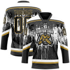 Custom Black Old Gold Steel Gray-White 3D Pattern Dripping Splatter Hockey Lace Neck Jersey