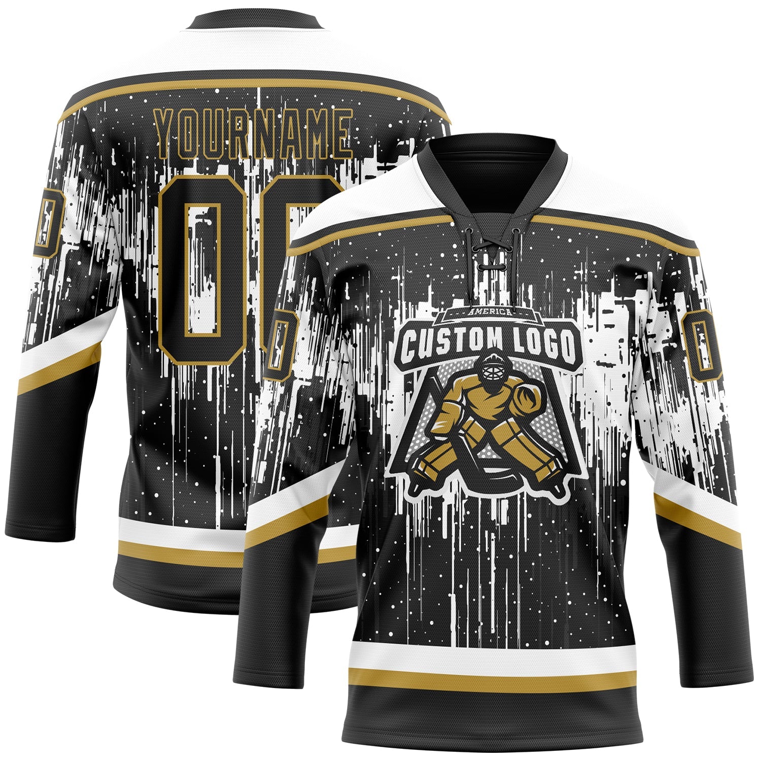 Custom Black Old Gold Steel Gray-White 3D Pattern Dripping Splatter Hockey Lace Neck Jersey