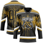 Custom Black Old Gold Steel Gray-White 3D Pattern Dripping Splatter Hockey Lace Neck Jersey