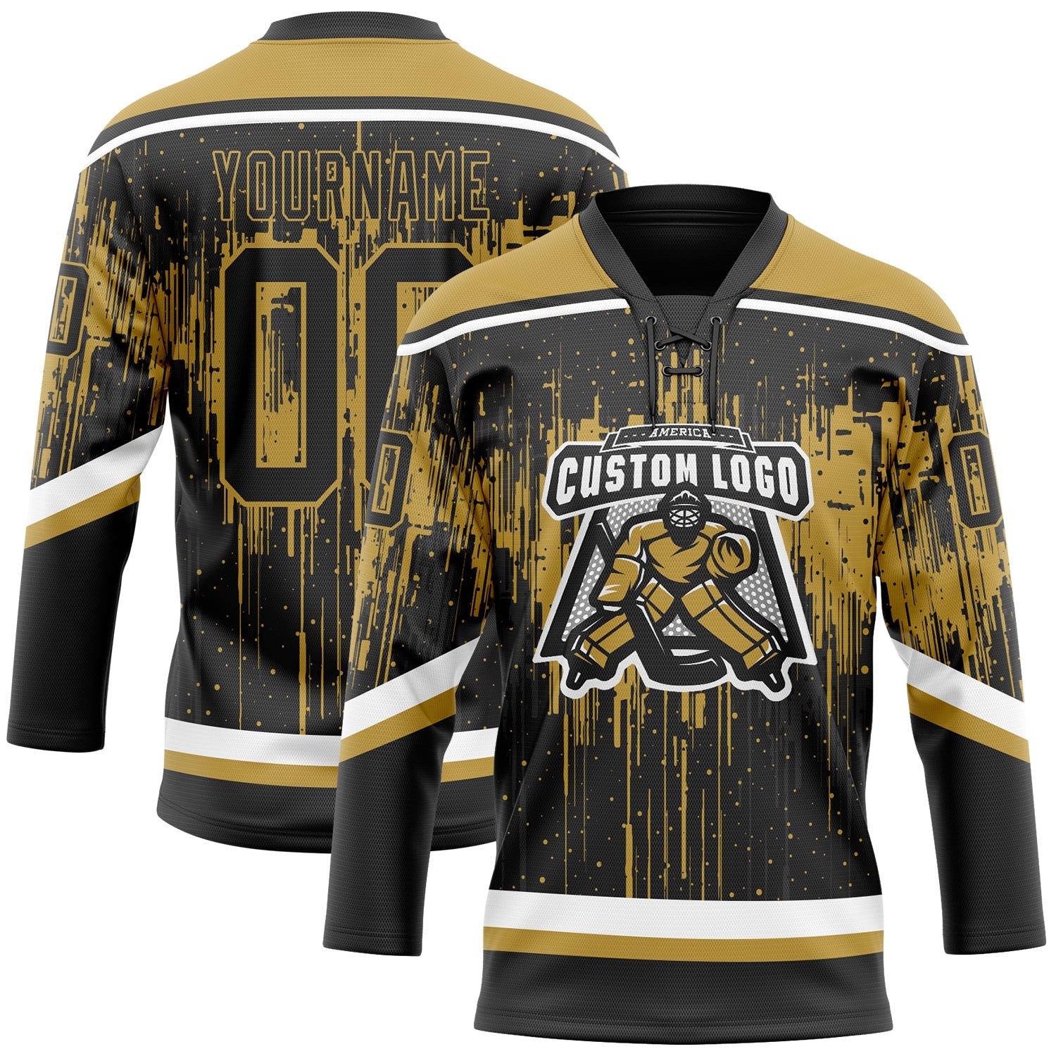 Custom Black Old Gold Steel Gray-White 3D Pattern Dripping Splatter Hockey Lace Neck Jersey