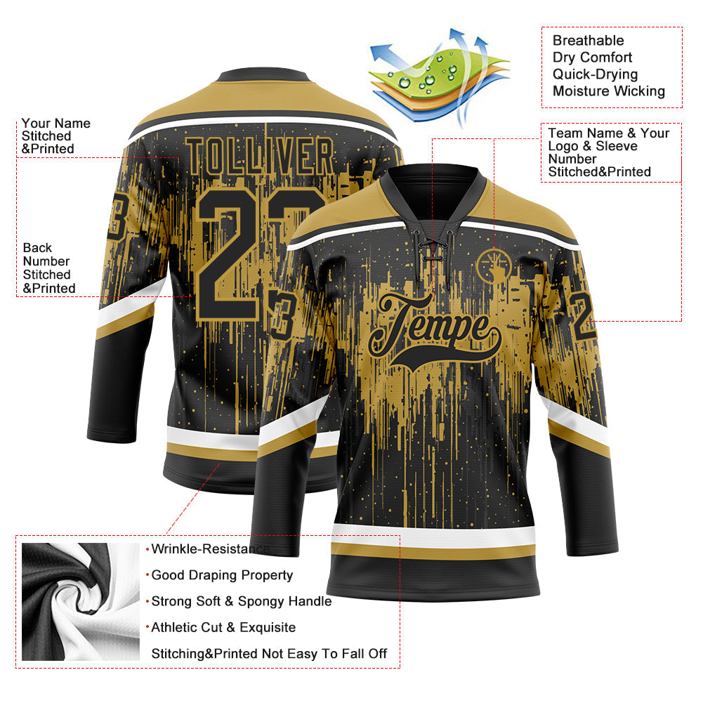 Custom Black Old Gold Steel Gray-White 3D Pattern Dripping Splatter Hockey Lace Neck Jersey