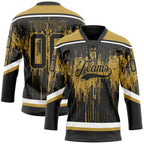 Custom Black Old Gold Steel Gray-White 3D Pattern Dripping Splatter Hockey Lace Neck Jersey