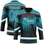 Custom Black Teal Steel Gray-White 3D Pattern Dripping Splatter Hockey Lace Neck Jersey