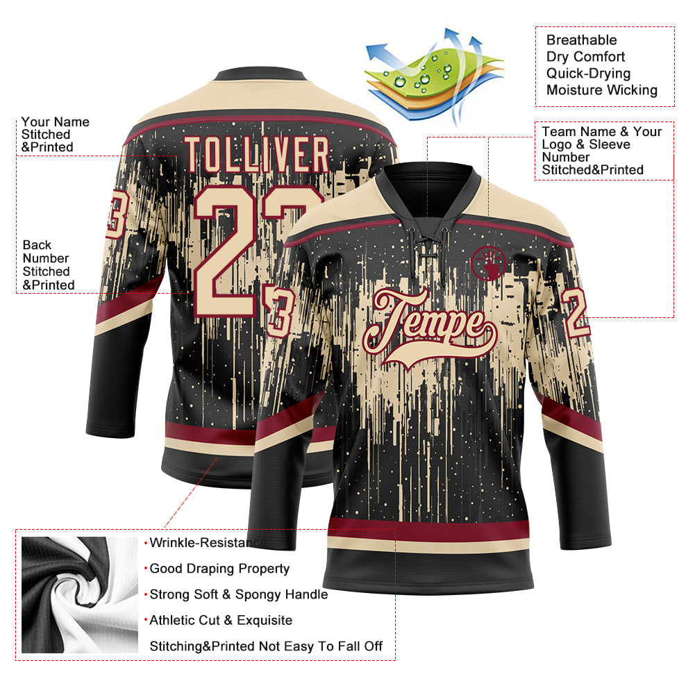 Custom Black City Cream Crimson-Steel Gray 3D Pattern Dripping Splatter Hockey Lace Neck Jersey