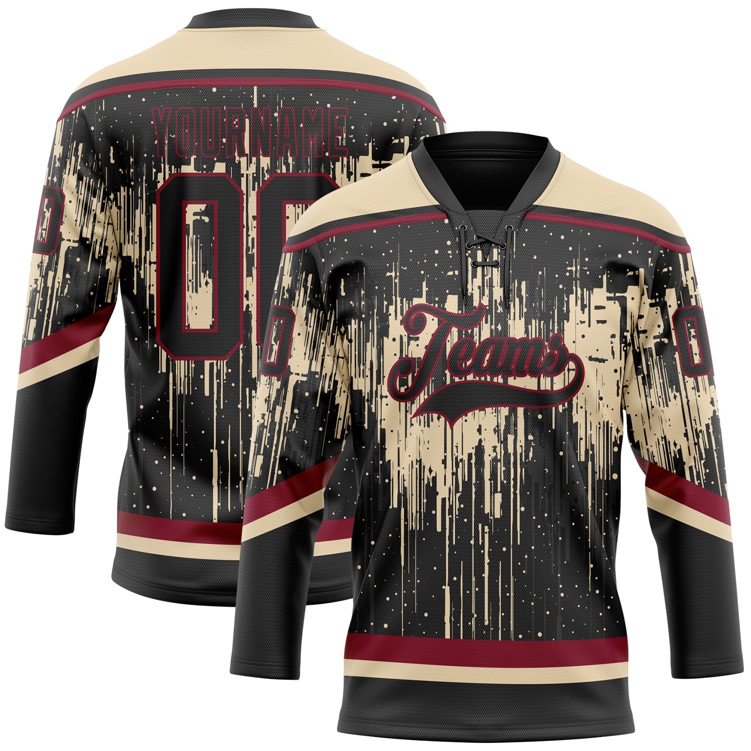 Custom Black City Cream Crimson-Steel Gray 3D Pattern Dripping Splatter Hockey Lace Neck Jersey