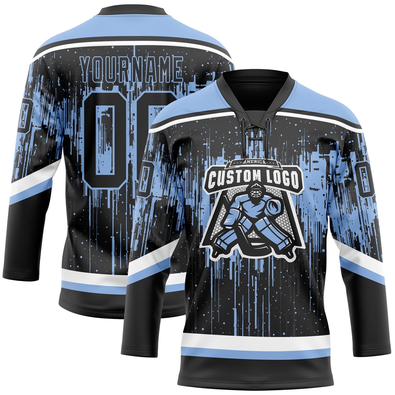Custom Black Light Blue Steel Gray-White 3D Pattern Dripping Splatter Hockey Lace Neck Jersey