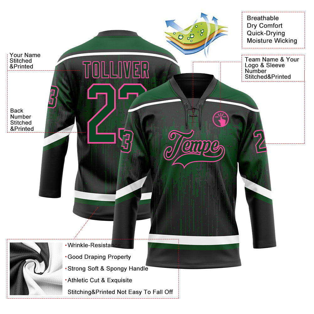 Custom Black Green Pink Steel Gray-White 3D Pattern Dripping Splatter Hockey Lace Neck Jersey