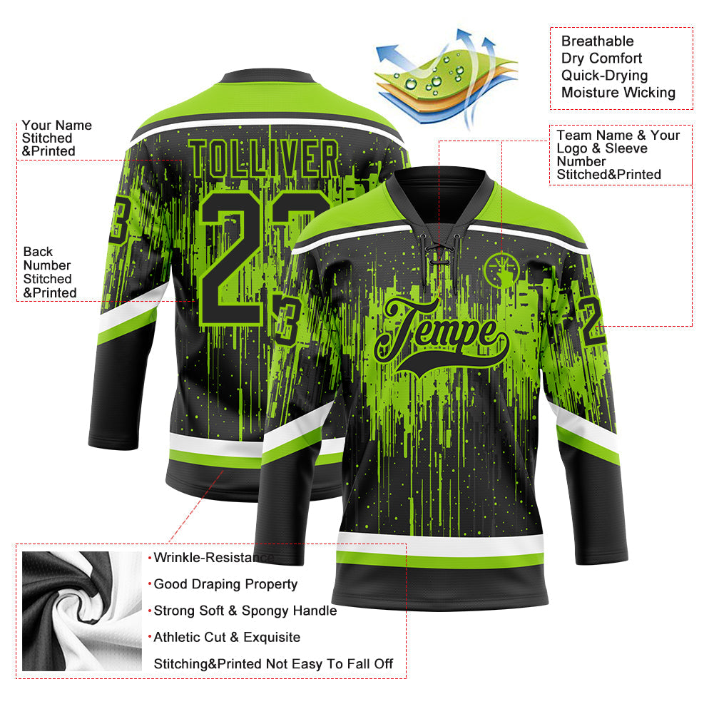 Custom Black Neon Green Steel Gray-White 3D Pattern Dripping Splatter Hockey Lace Neck Jersey