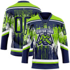 Custom Navy Neon Green-White 3D Pattern Dripping Splatter Hockey Lace Neck Jersey