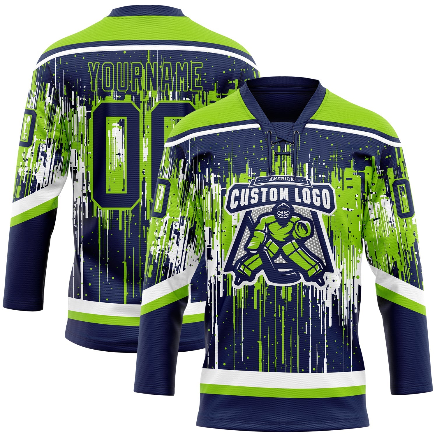 Custom Navy Neon Green-White 3D Pattern Dripping Splatter Hockey Lace Neck Jersey