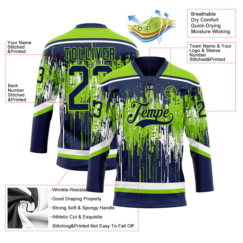 Custom Navy Neon Green-White 3D Pattern Dripping Splatter Hockey Lace Neck Jersey