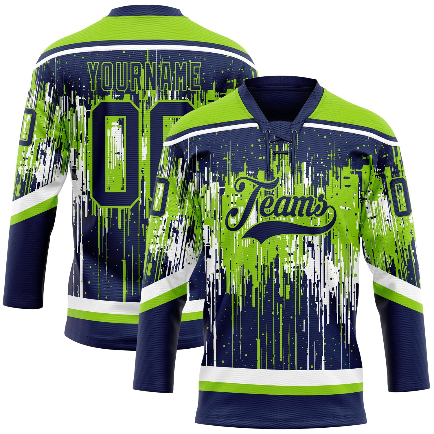 Custom Navy Neon Green-White 3D Pattern Dripping Splatter Hockey Lace Neck Jersey
