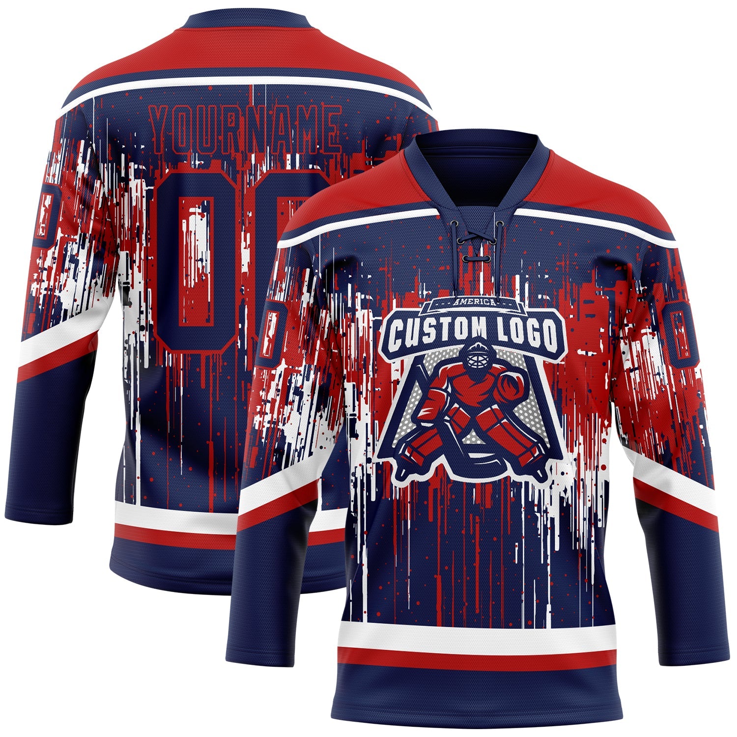 Custom Navy Red-White 3D Pattern Dripping Splatter Hockey Lace Neck Jersey