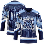Custom Navy Light Blue-White 3D Pattern Dripping Splatter Hockey Lace Neck Jersey