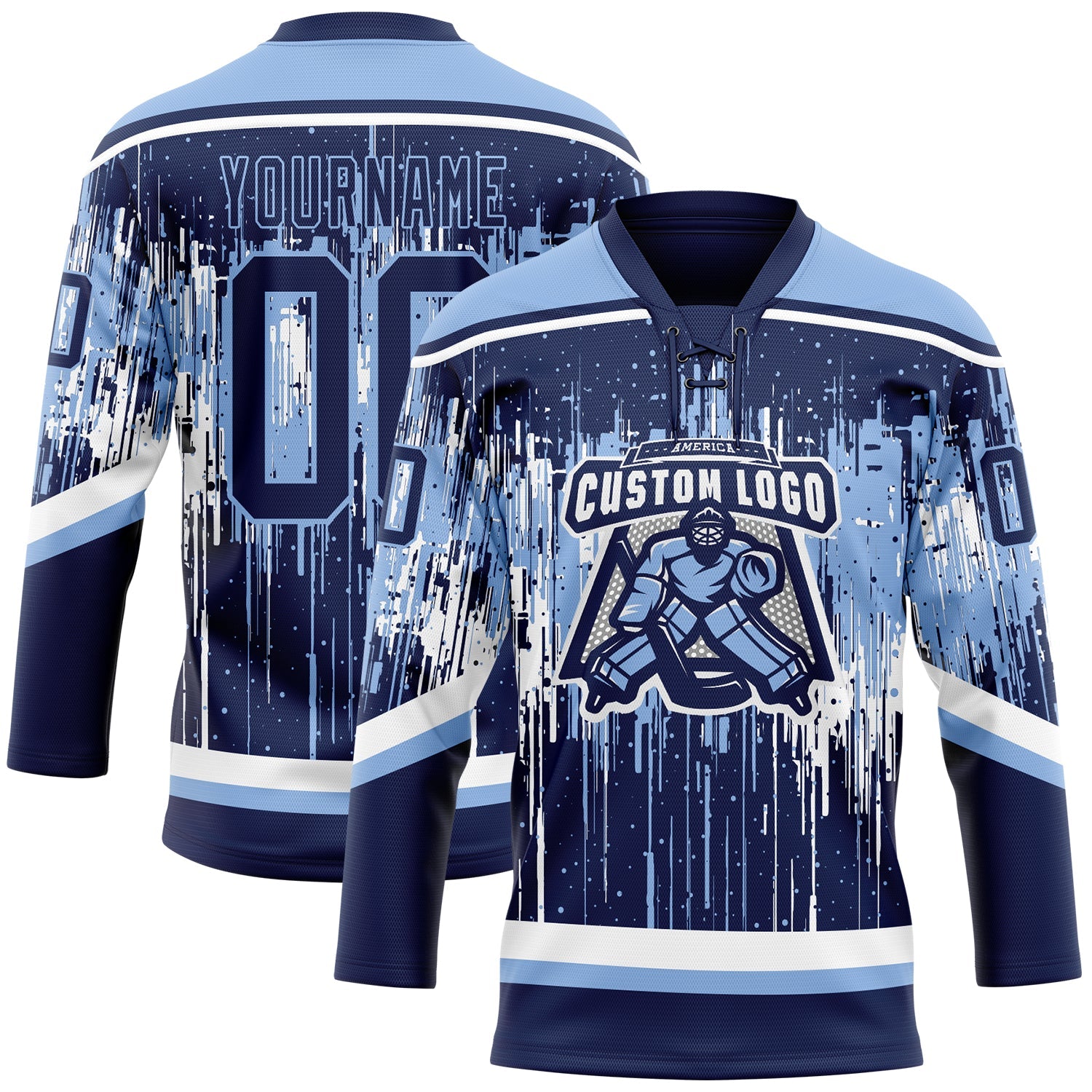 Custom Navy Light Blue-White 3D Pattern Dripping Splatter Hockey Lace Neck Jersey