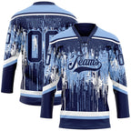 Custom Navy Light Blue-White 3D Pattern Dripping Splatter Hockey Lace Neck Jersey