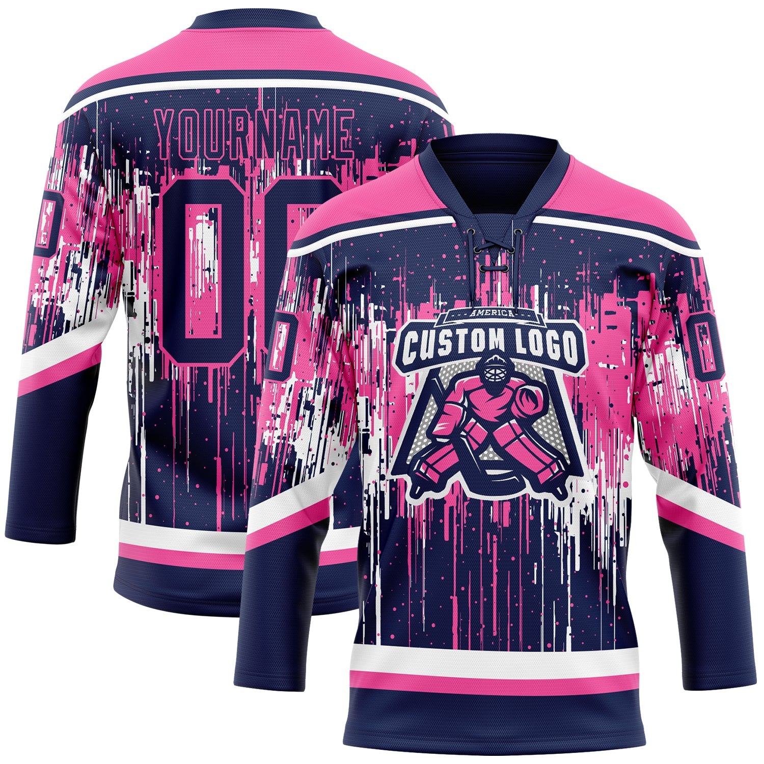 Custom Navy Pink-White 3D Pattern Dripping Splatter Hockey Lace Neck Jersey