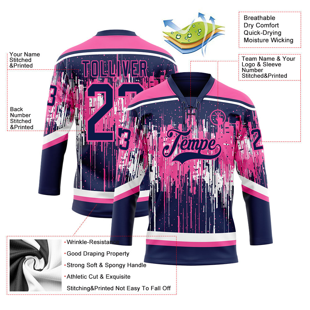 Custom Navy Pink-White 3D Pattern Dripping Splatter Hockey Lace Neck Jersey