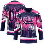Custom Navy Pink-White 3D Pattern Dripping Splatter Hockey Lace Neck Jersey